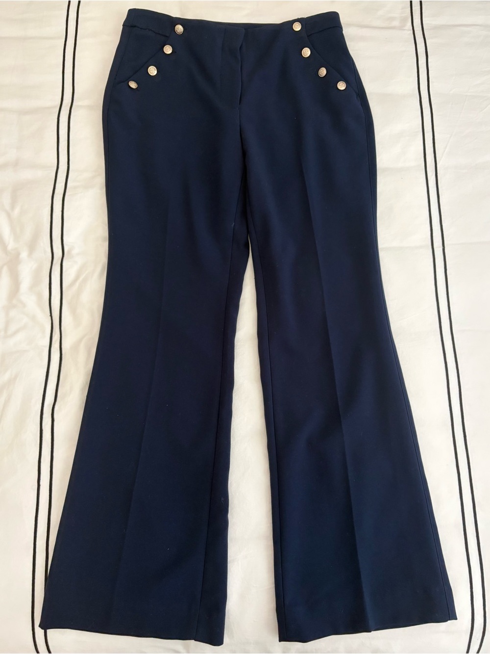 Navy Wool-Like High-Waisted Sailor Flare Pants with Gold Buttons / Size 6S